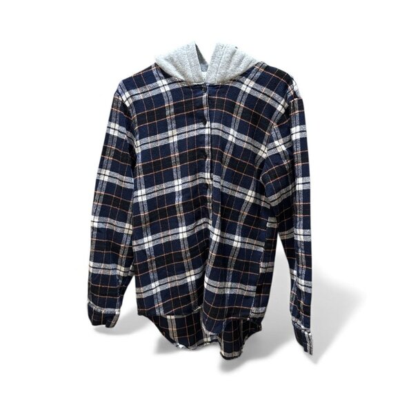Cisono Womens Plaid Hooded Button-Up Shirt With Sherpa Lining Gray & Navy Checke - Picture 2 of 4